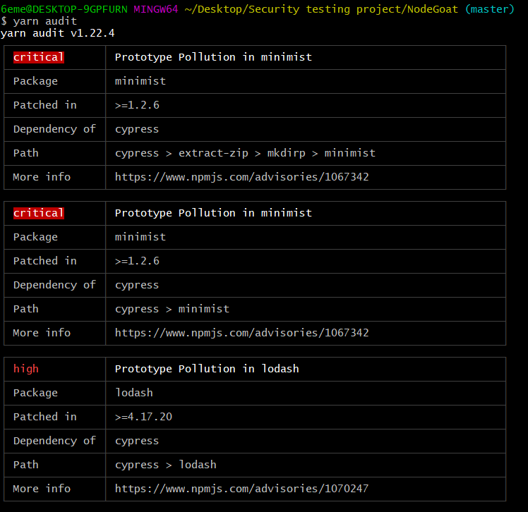 yarn audit output